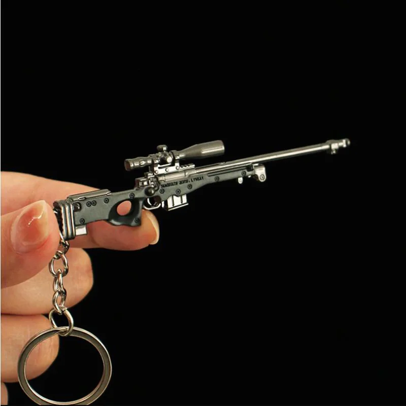 9cm PUBG Mini AWM Weapon Model Keychain for Men Boys CSGO Black Enamel Metal Pendant Key Ring Finder Fans Collectible Jewelry