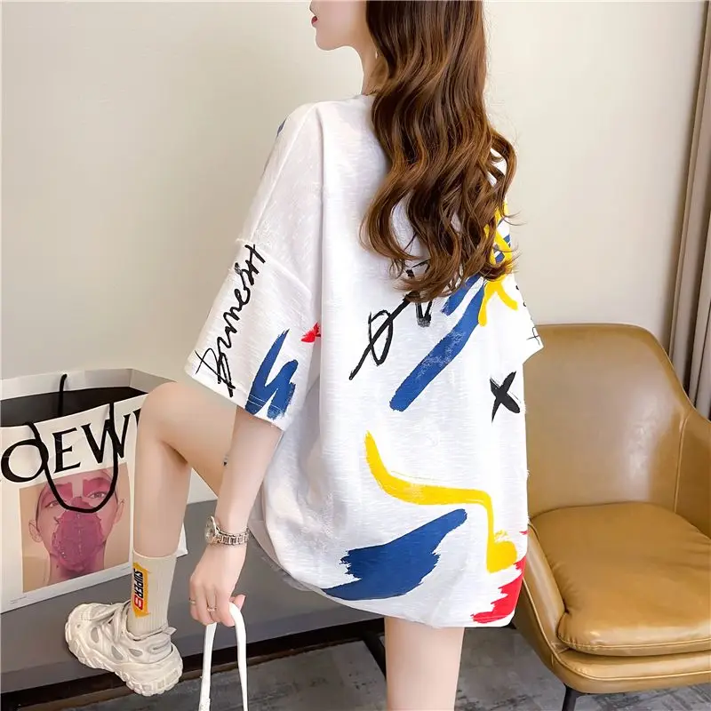 Fashion O-Neck Loose Color Printed Cartoon T-Shirt Female Clothing 2024 Summer New Oversized Casual Tops All-match Tee Shirt