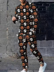 Fall Everyday Casual Men's Halloween Sets 2-piece Set 3D Skull And Pumpkin Head Print Men's Long Sleeve T-shirt And Pants