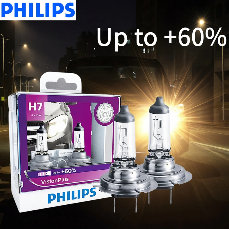 Philips H7 VisionPlus 12V 55W PX26d Halogen Car Headlight VP +60% Bright Auto Lamps Original Light New Bulbs 12972VPS2