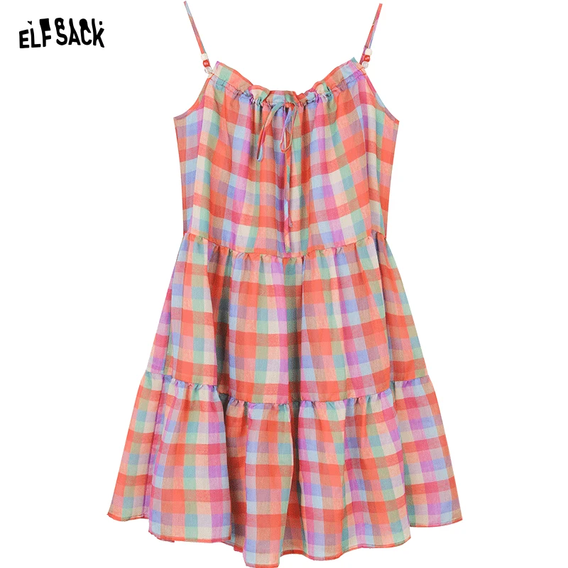 ELFSACK 2024 summer new arrival Colorful contrast plaid sling holiday style gentle lady dress for women