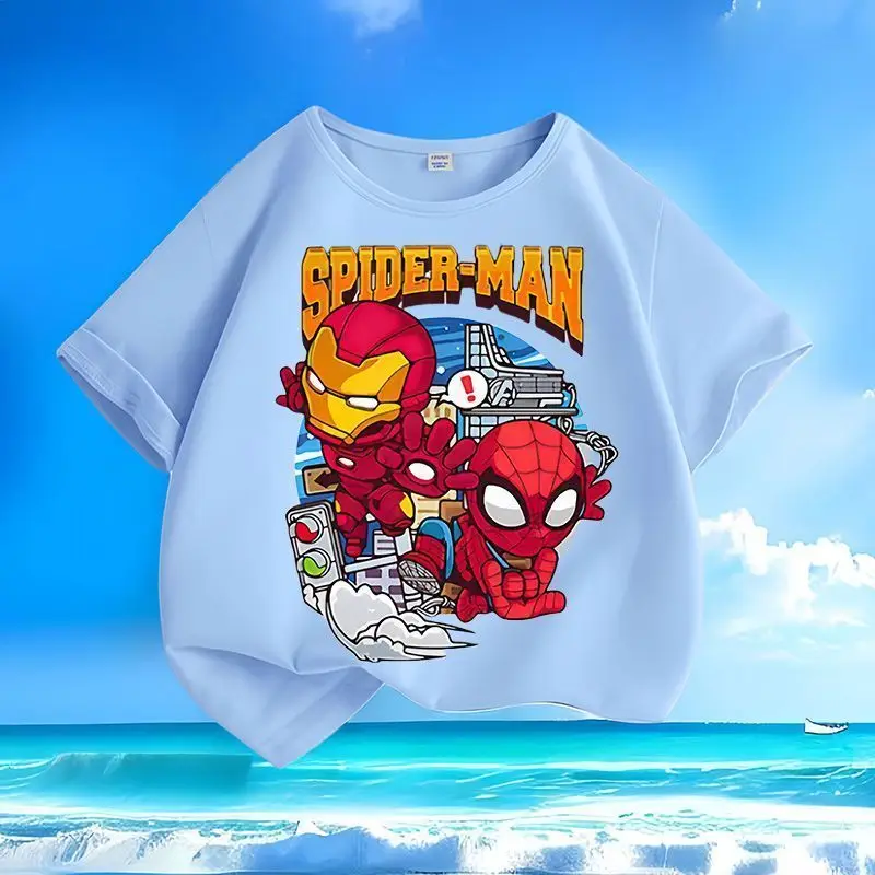 Marvel Spiderman Iron Man niños y niñas verano suave, cómodo y de moda Cool moda dibujos animados Anime patrón camiseta