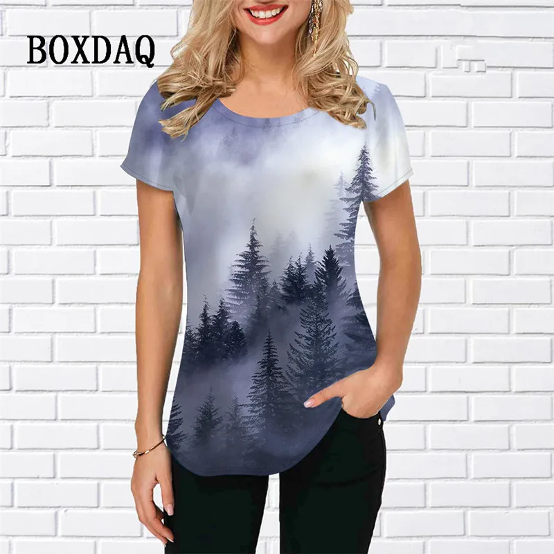Short Sleeve Forest And Tree Pattern Women Casual T-Shirts Summer 3D Printed Street Tie-dye Ladies T Shirt 3XL Plus Size Tops