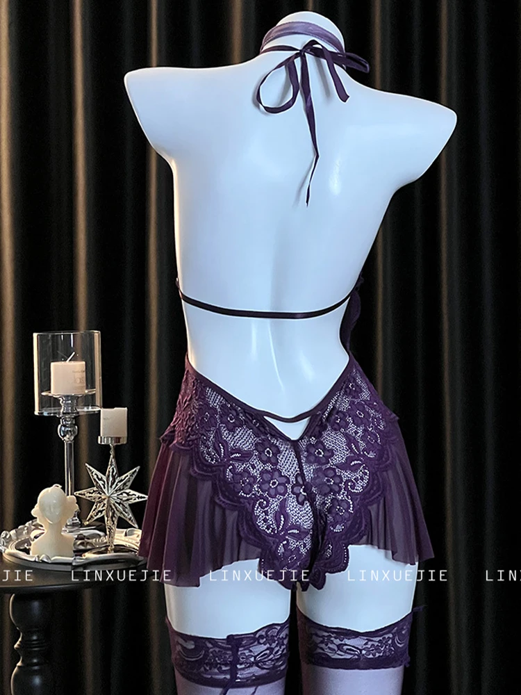 Women's Purple Nightgown Lace Sleepdress Sleepwear Sleeveless Deep-V Mini Nightdress Bodysuit Sexy Exotic Mini Lingerie Clothing