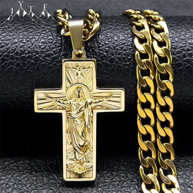 Krzyż ze stali nierdzewnej Jezus Wisiorek Naszyjnik dla mężczyzn Złoty kolor Hip Hop Cuban Chain Religijne naszyjniki z krucyfiksem Biżuteria NZZ470S