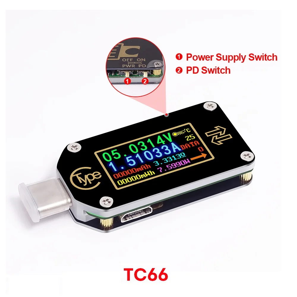 TC66 Type-C USB-связь PD Триггер Вольтметр Амперметр Измеритель напряжения и тока Мультиметр PD Зарядное устройство Батарея USB-тестер