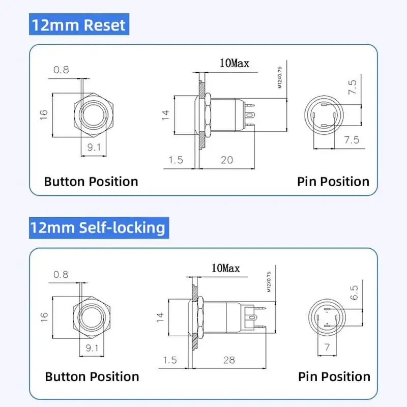 10pcs 12mm Metal Button Switch 3A Waterproof IP65 With Light LED Reset Self-locking Small Round Start Power Control