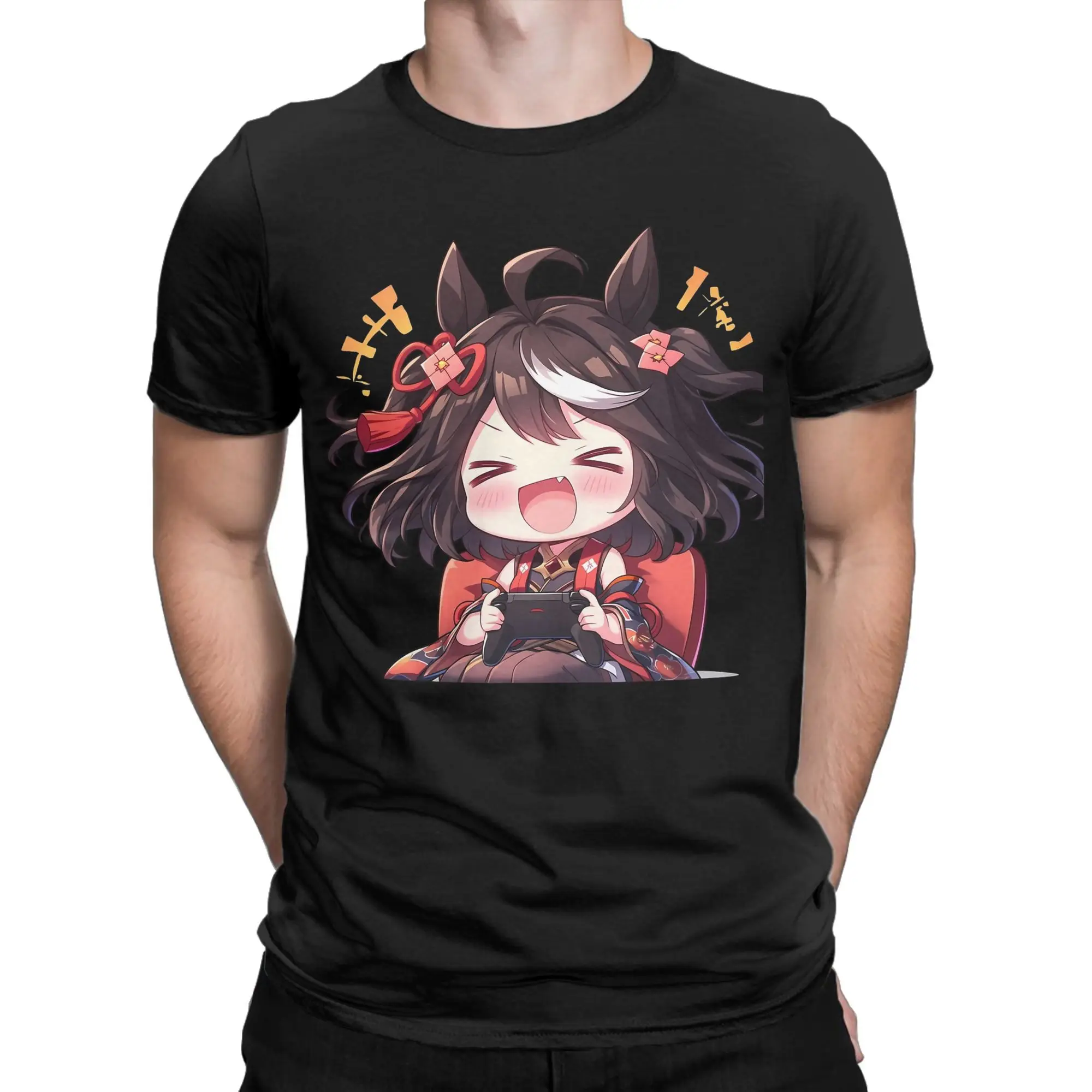 

Kitasan Black Uma Musume Men's T Shirt Gaming Controller Chibi Cute Funny Tee Shirt Short Sleeve T-Shirts Pure Cotton Clothes