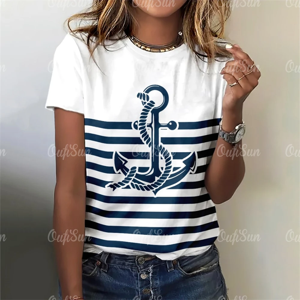 

2024 New Style T-Shirt For Women Anchor Print Top Summer Oversized T-Shirts For Women's Clothing O-Neck Female Fashion Plus Size