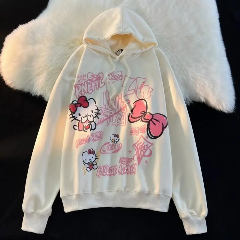 

Kitty Hooded Women Fleece Sweatshirt Fleece Lined Autumn Winter Season New Style Loose Fit Cartoon Print Sanrio Pullover Hoodie