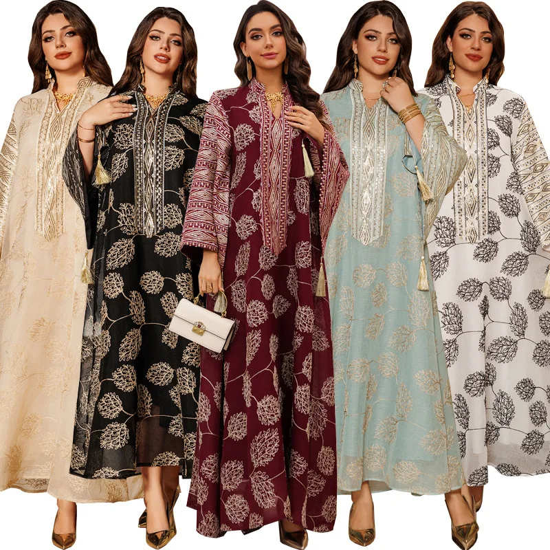 

Luxury Blue White Abayas for Muslim Women Fashion Embroidered Evening Dress Sequins Ramadam Kimono Full Length Dresses New Robe