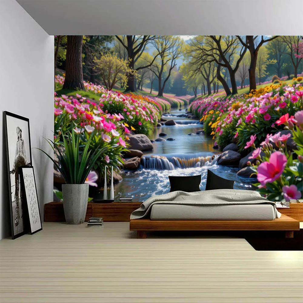 Natural Landscape Flower Stream Tapestry Multi Size Wall Hanging Aesthetic Dormitory Home Background Decoration