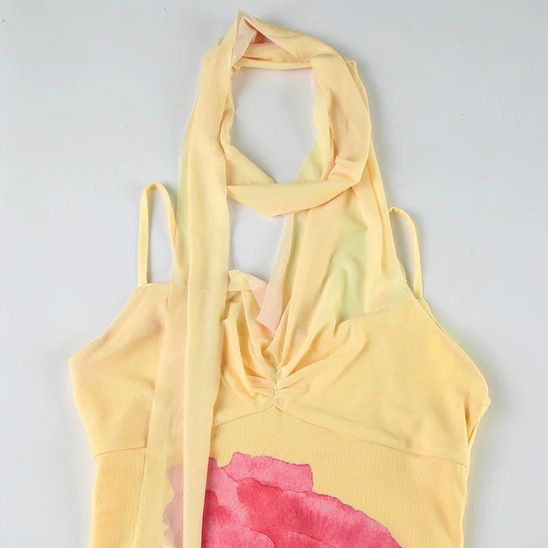 فستان كامي نسائي مزين بالزهور بدون أكمام وحزام سباغيتي رسن Bodycon فستان طويل للشاطئ فساتين الخروج ملابس شاطئ صيفية