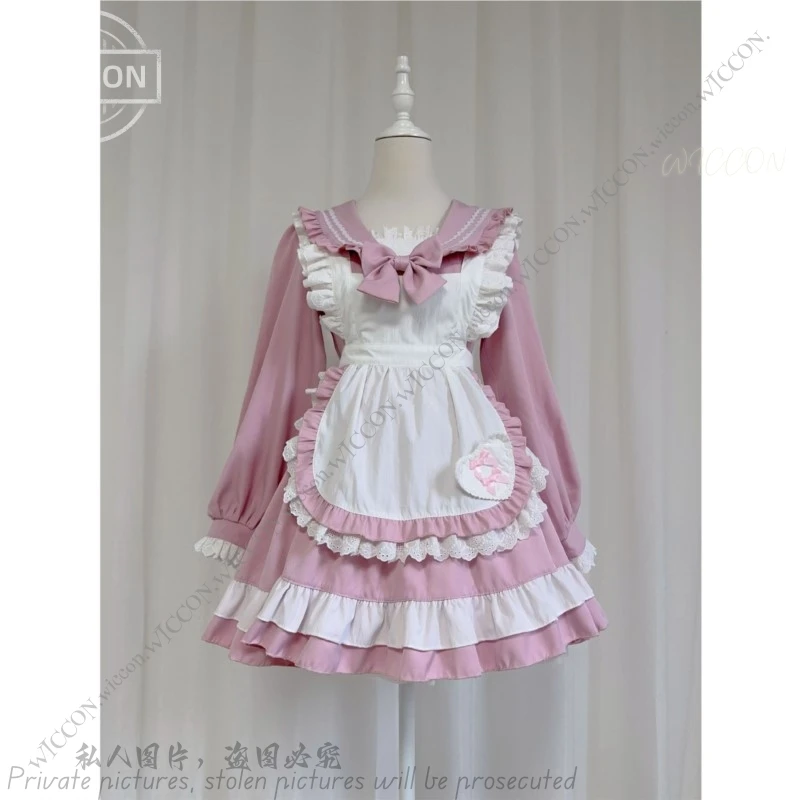 Japanese Cute Sailor Costume Maid Apron Suit Navy Collar Long Sleeve Lolita Dress Cute Woman S-L Kawaii Dating Outfit Lolita Set