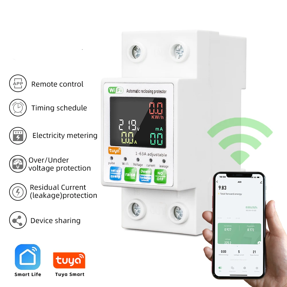 ABILKEEN Tuya WiFi Smart Circuit Breaker Auto Reclose Single Phase Over/Under Voltage Protection 16A 32A Remote Control
