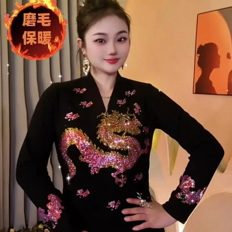 

Женская одежда, осенне-зимняя новинка в китайском стиле, бархатная горячая рубашка со стразами, топ, тонкие футболки, футболка с длинными рукавами