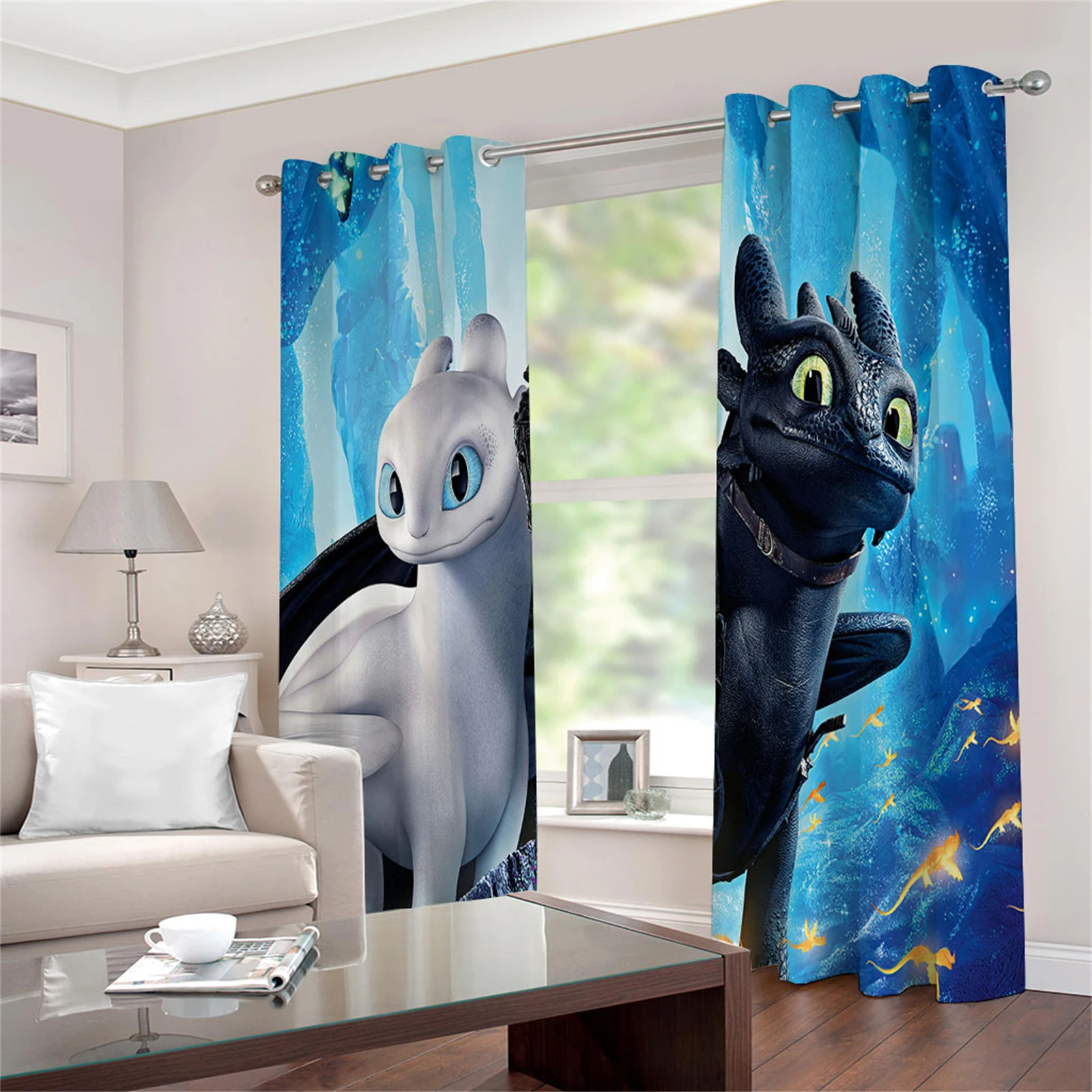 How To Train Your Dragon Toothless Cartoon Cute  Blackout Curtains Curtains For Living Room Home Decor Perforated 100% polyester