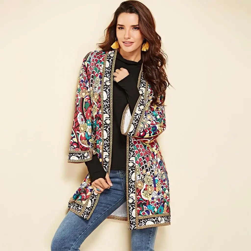 Chaqueta con estampado Floral étnico para mujer, cárdigan largo de manga larga con abertura lateral, informal, Retro, otoño y verano, 2023