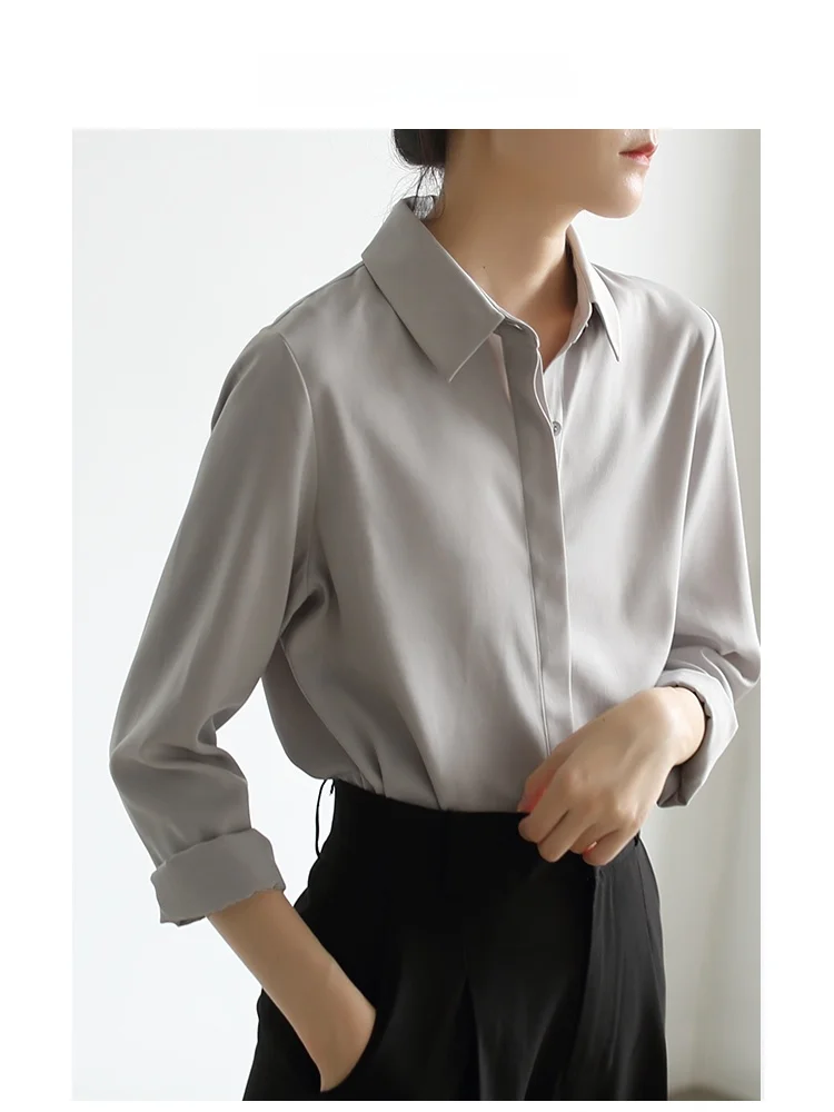 

VDH Studio Pure Color Satin Long Sve irt Design Sensible Simple Drapey Women's Busin Casual Polyester Fiber irt