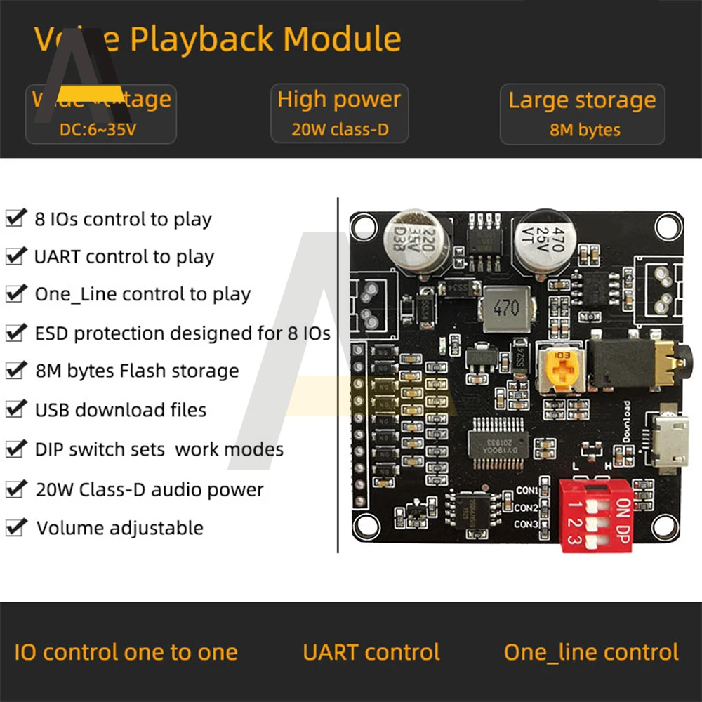 Module de lecture vocale 12V/24V, déclencheur 1 à 1, contrôle de port série, 10W/20W, lecteurs d'amplificateur de classe D, haut-parleurs 4Ω/8Ω, prise en charge MP3 WAV