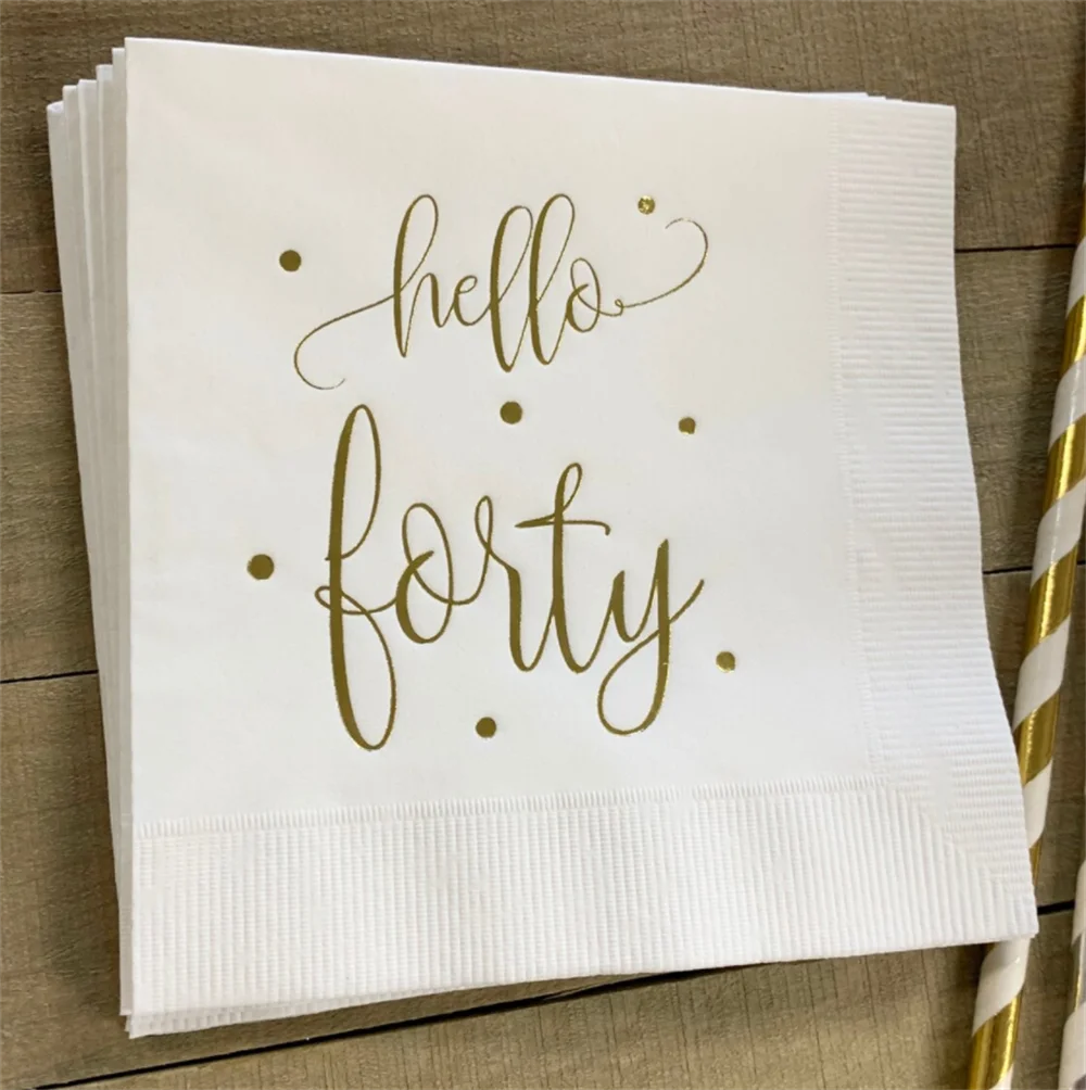 

50PCS Hello Forty 40 White w/Metallic Shiny Gold Foil Cocktail Beverage Napkins 3 Ply Happy Birthday 40th Hello Shiny Gold Foil