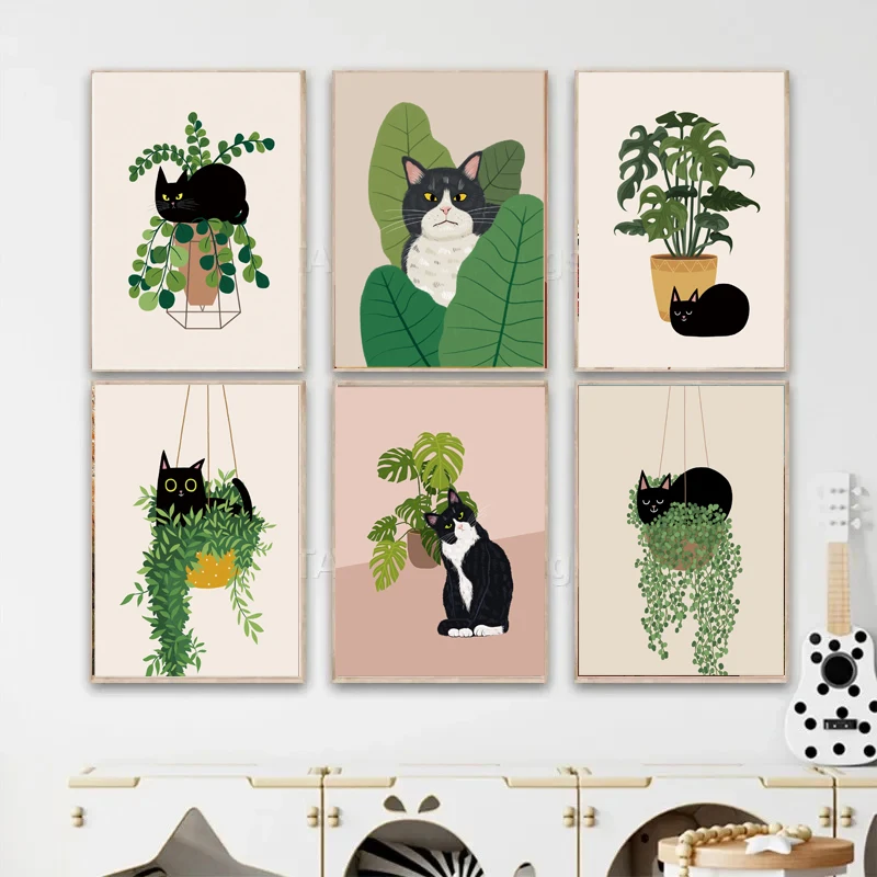 Funny Black Cat Botanical House Plant Boho Wall Art Canvas Paintings Posters And Prints Wall Pictures For Living Room Bath Decor