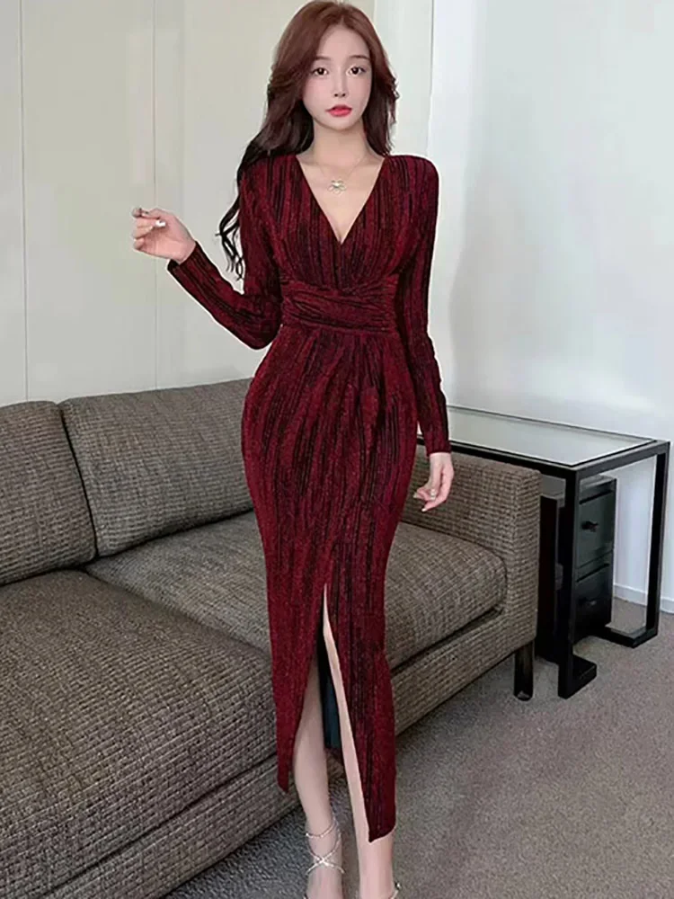 

Autumn Winter Red V-Neck Sexy Dress White Long Sleeve Women Korean Vintage Luxury Evening Dress 2025 Elegant Bodycon Party Dress