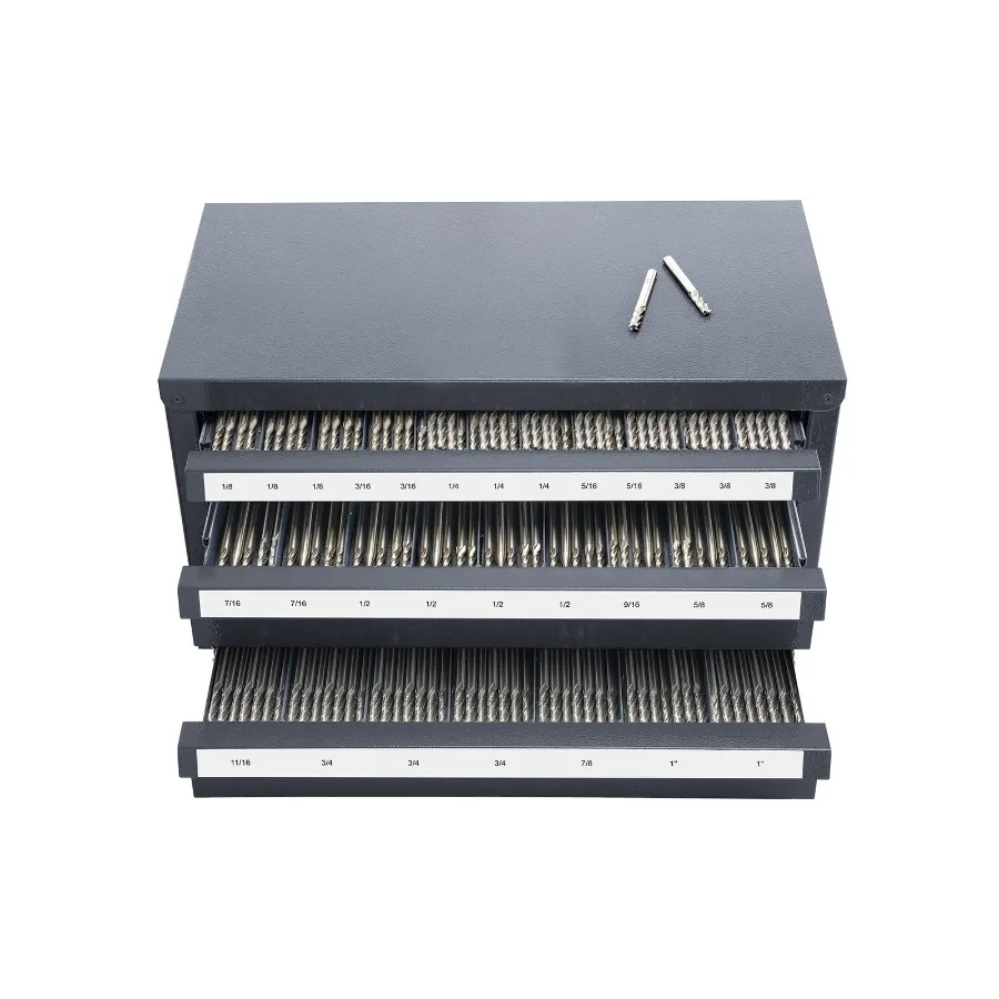 

Three-Drawer Steel Cabinet for End Mill Storage, Fits 1/8" to 1" Sizes, Includes 29 Labeled Compartments, Stackable for Space-S