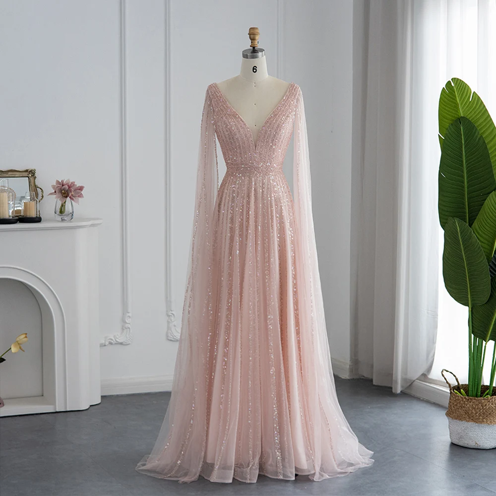 Dress for Women 2023 Luxury Evening Prom Gowns Blush Pink Tulle Sequined Beading Floor Length Long Sleeve Cape vestidos para muj