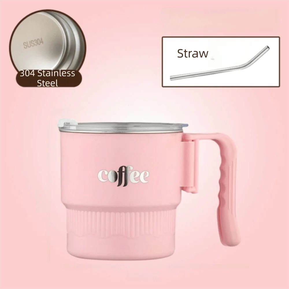 Picture 6: 304 Stainless Steel Double Layer Coffee Mug Leak-proof Sealed Stainless Steel Coffee Mug Foldable Handle with Straw