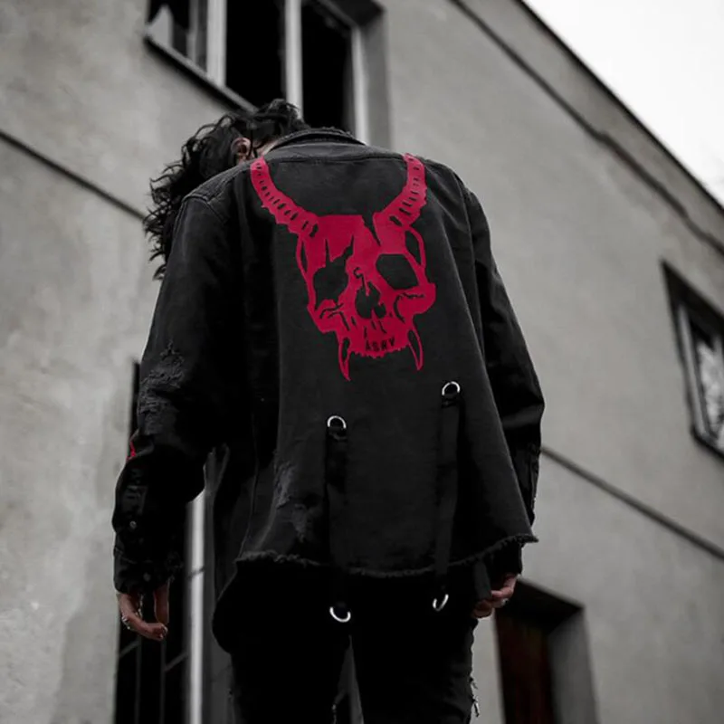 Harajuku Gothic Demon Hunter Skull Black Denim Jacket Men Rock Punk Heavy Metal Sweatshirt Sudadera Suspenders Hole Streetwear