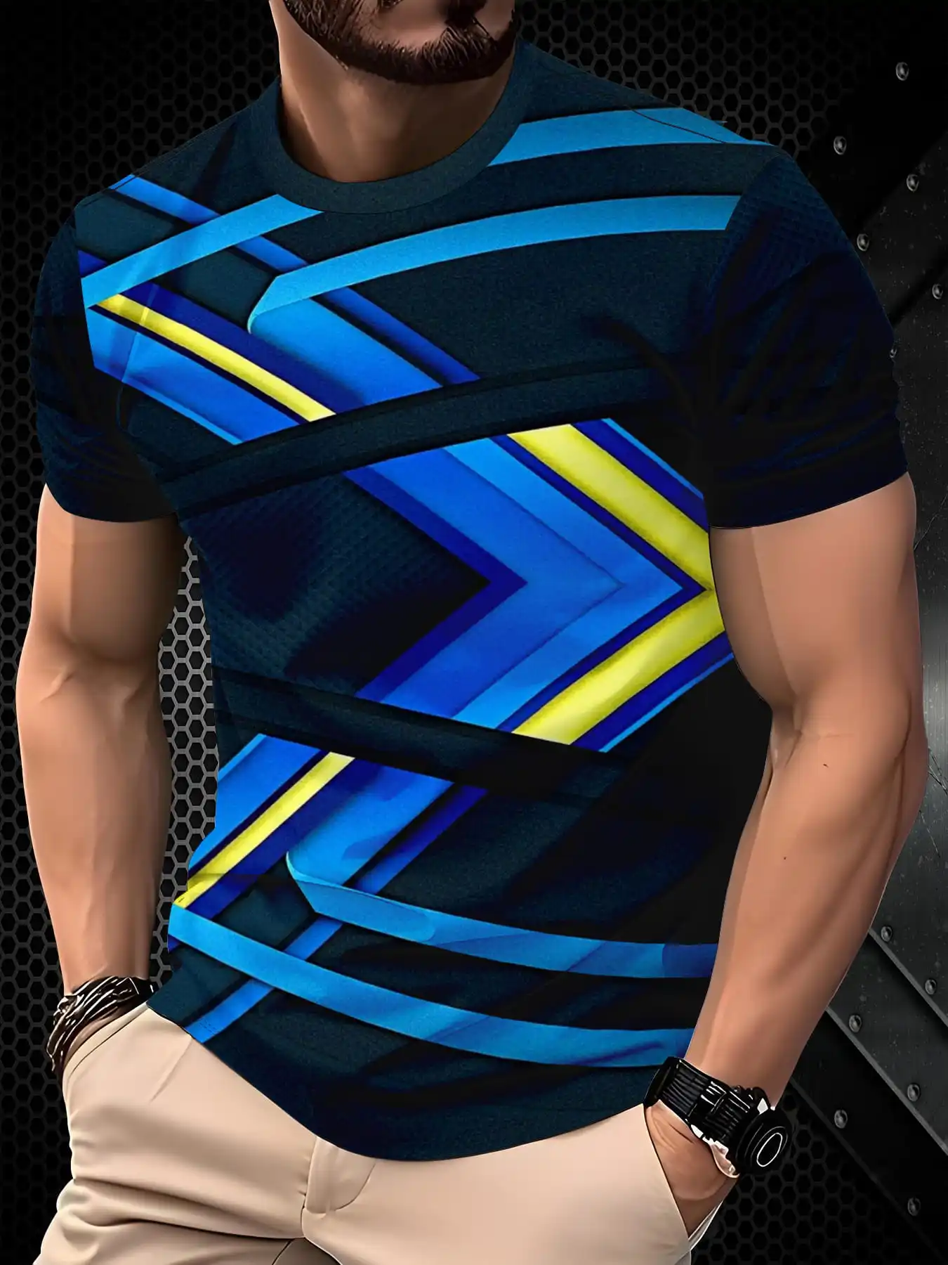 Men Quick Dry High Elastic Sport T Shirt Blue Yellow Chevron Geometric Print Breathable Training Top