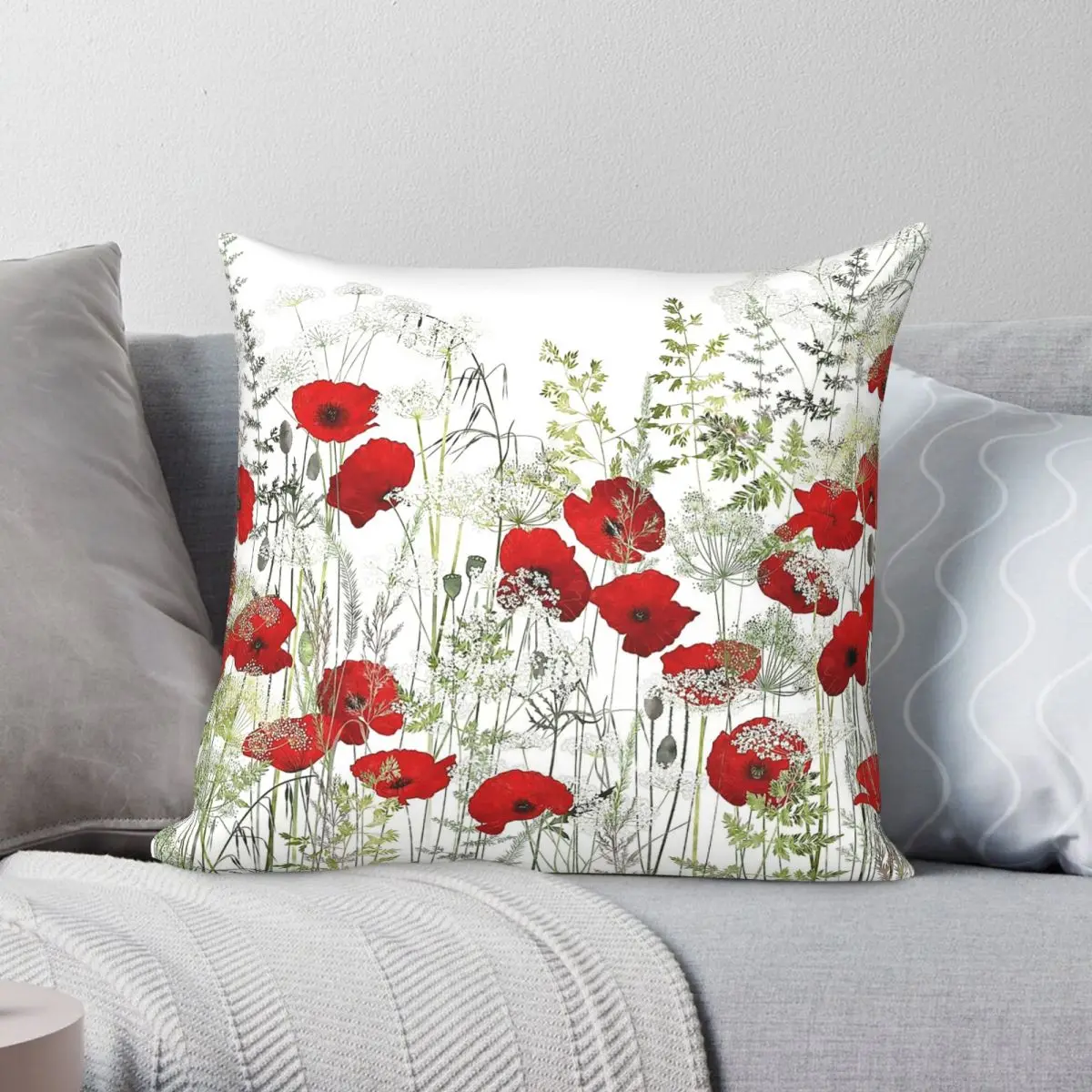 Red Poppy Field Square Pillowcase Polyester Linen Velvet Printed Zip Decor Pillow Case Bed Cushion Case