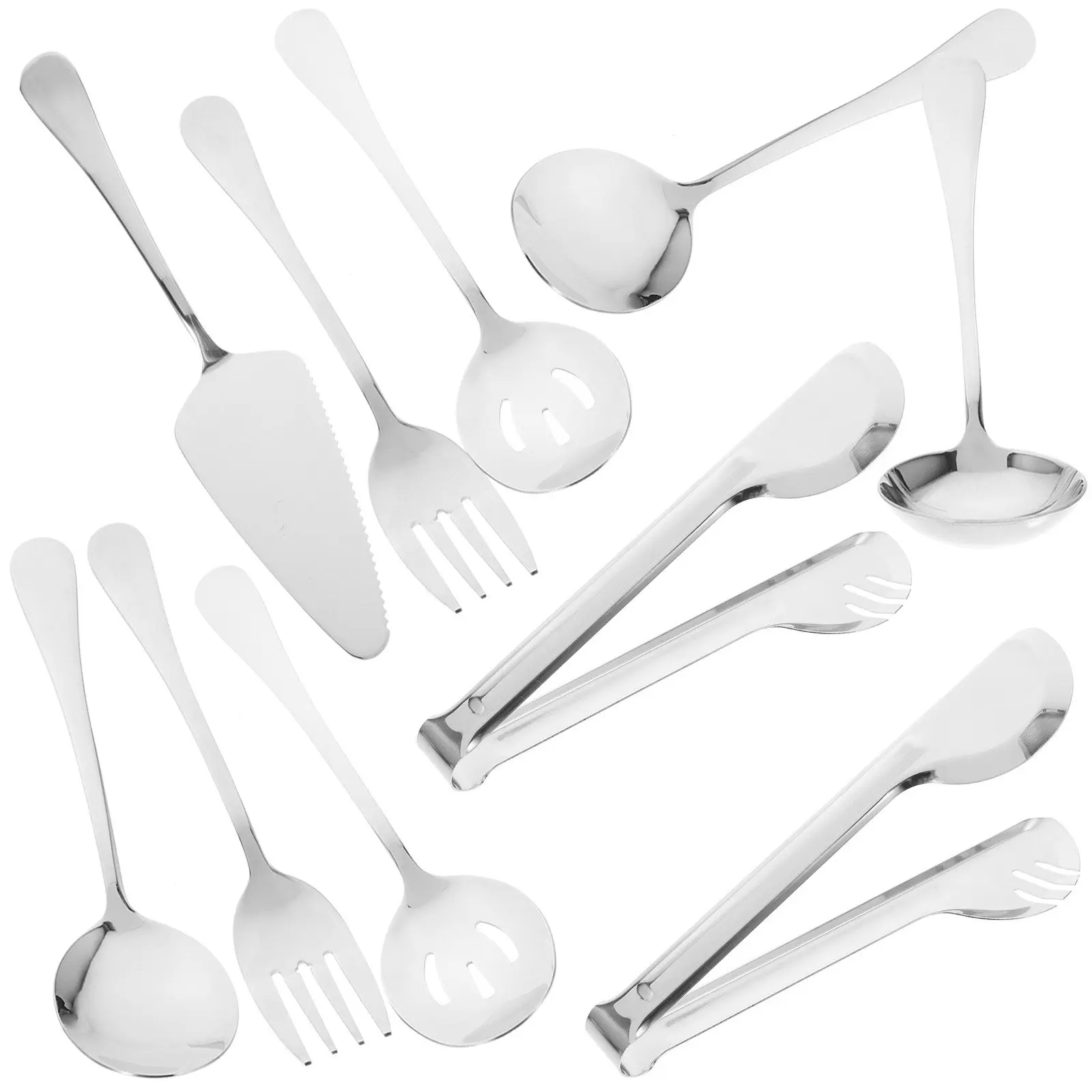 1Set Stainless Steel Kitchen Utensils Set Metal Serving Spoon Slotted Spoon Soup Ladle Fork Steak Tongs Spatula for Buffet Party