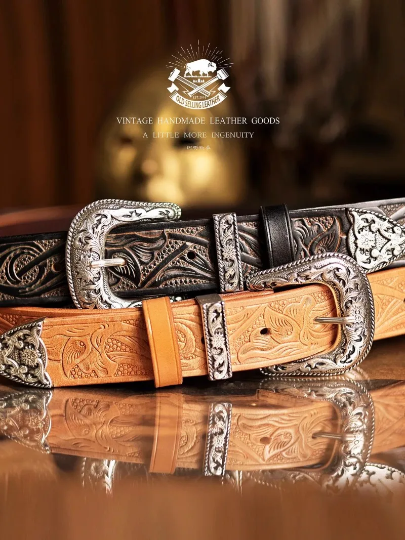 Men Vintage Western Cowboy Belt Hand‑Tooled Floral Carving Italian Full‑Grain Vegetable‑Tanned Leather 38mm Wide Retro Genuine L