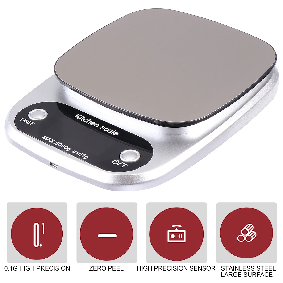 

1PC 5kg/0.1g Rechargeable Kitchen Scale Stainless Steel Accuracy LCD Display Digital Scale Measurement Tool (Silver)