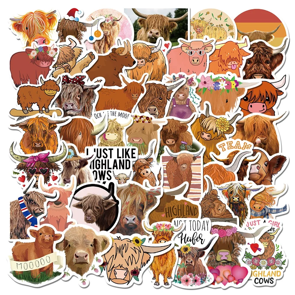 50 Uds. De pegatinas de grafiti de vaca de las tierras altas de dibujos animados, pegatinas de PVC impermeables DIY, juguetes para niños de vaca de las tierras altas, taza de equipaje, Scooter