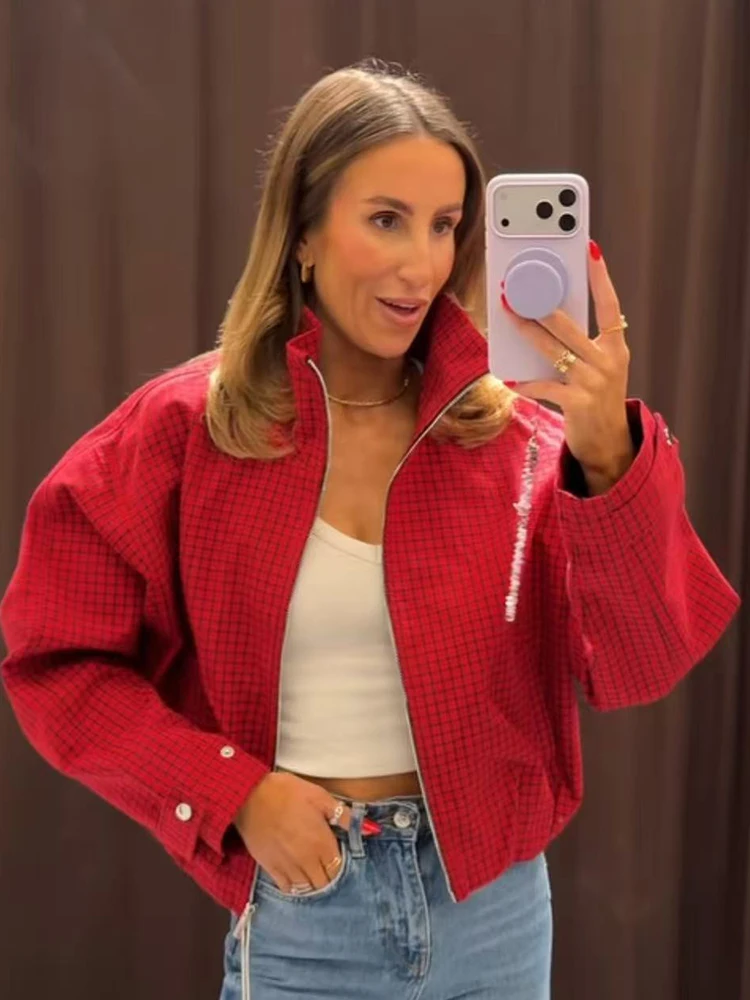 Autumn Women Plaid Bomber Jacket New Stand Collar Pocket Retro Loose Fit Zipper Jacket Coats Fashion Female High Street Jacket