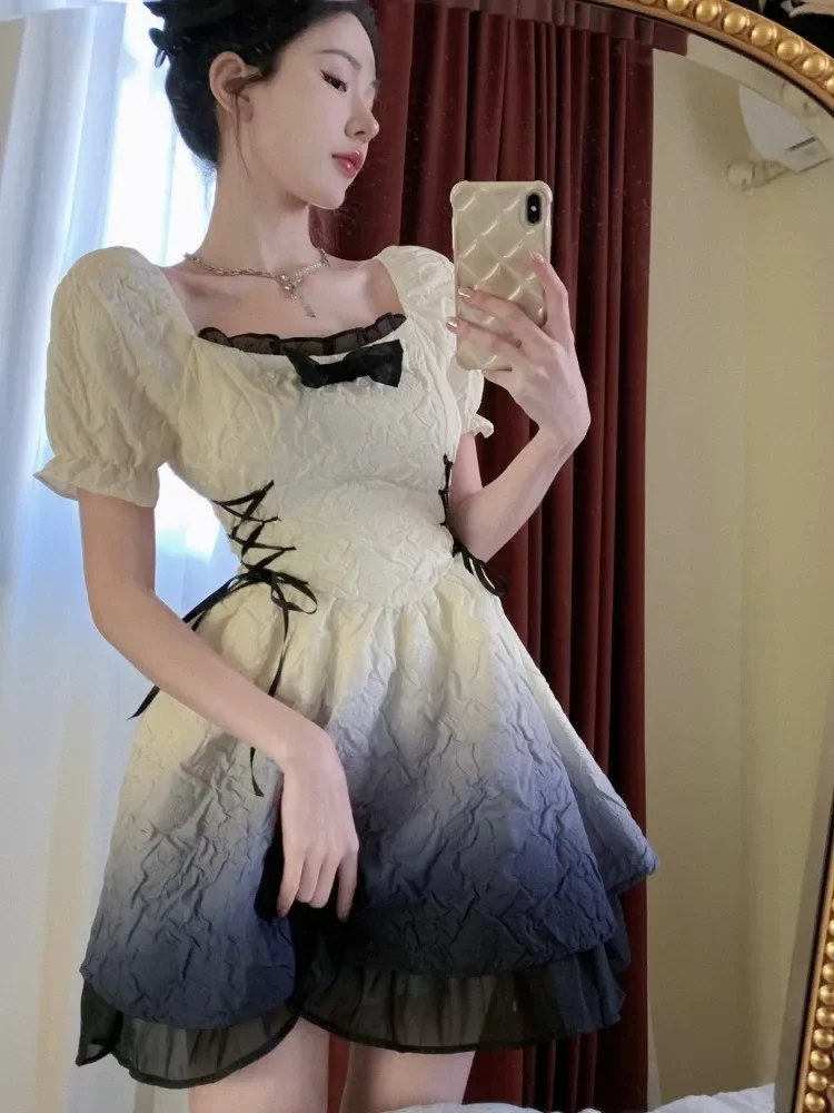 Kawaii Lolita Mini Jurk Vrouwen Zoete Gardient Kleur Boog Bladerdeeg Mouw Taille Een Lijn Prinses Jurken Fairy Party Vestidos