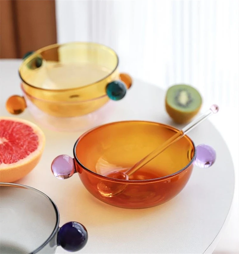 

Double Ball Handle Colored Glass Fruit Salad Bowl Simple Soup Rice Bowl Can Heating High Temperature Resistant Glass Bowl