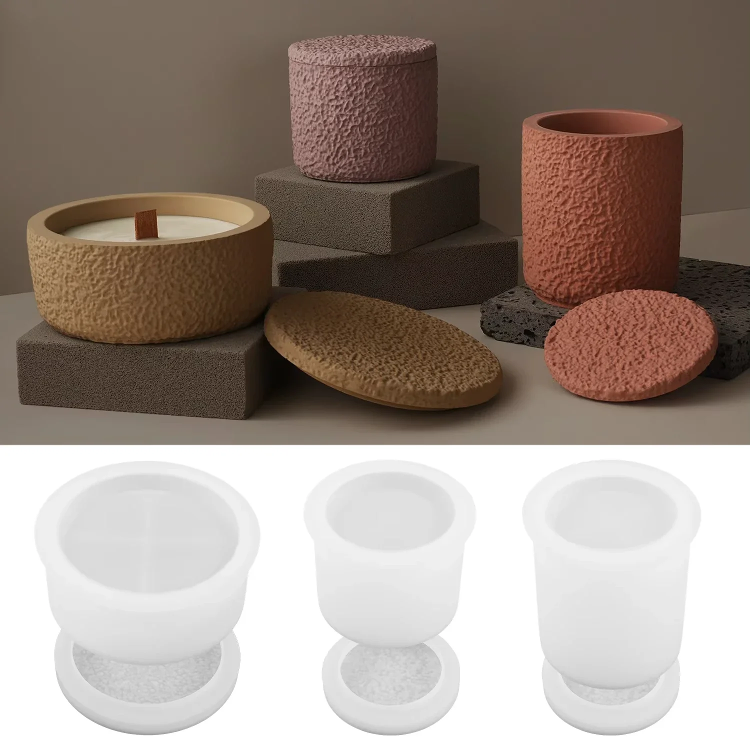 Marble Rough Texture Candle Cup Resin Gypsum Silicone Mold Lava with Cover Circular Storage Box Concrete Gypsum 2PCS/set Mold