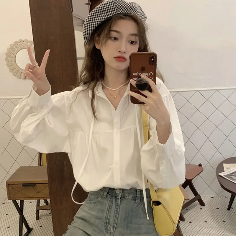 Coréen laçage à manches longues solide bouton Blouse simplicité tout-match mode chemise hauts printemps automne paresseux tendance femmes vêtements