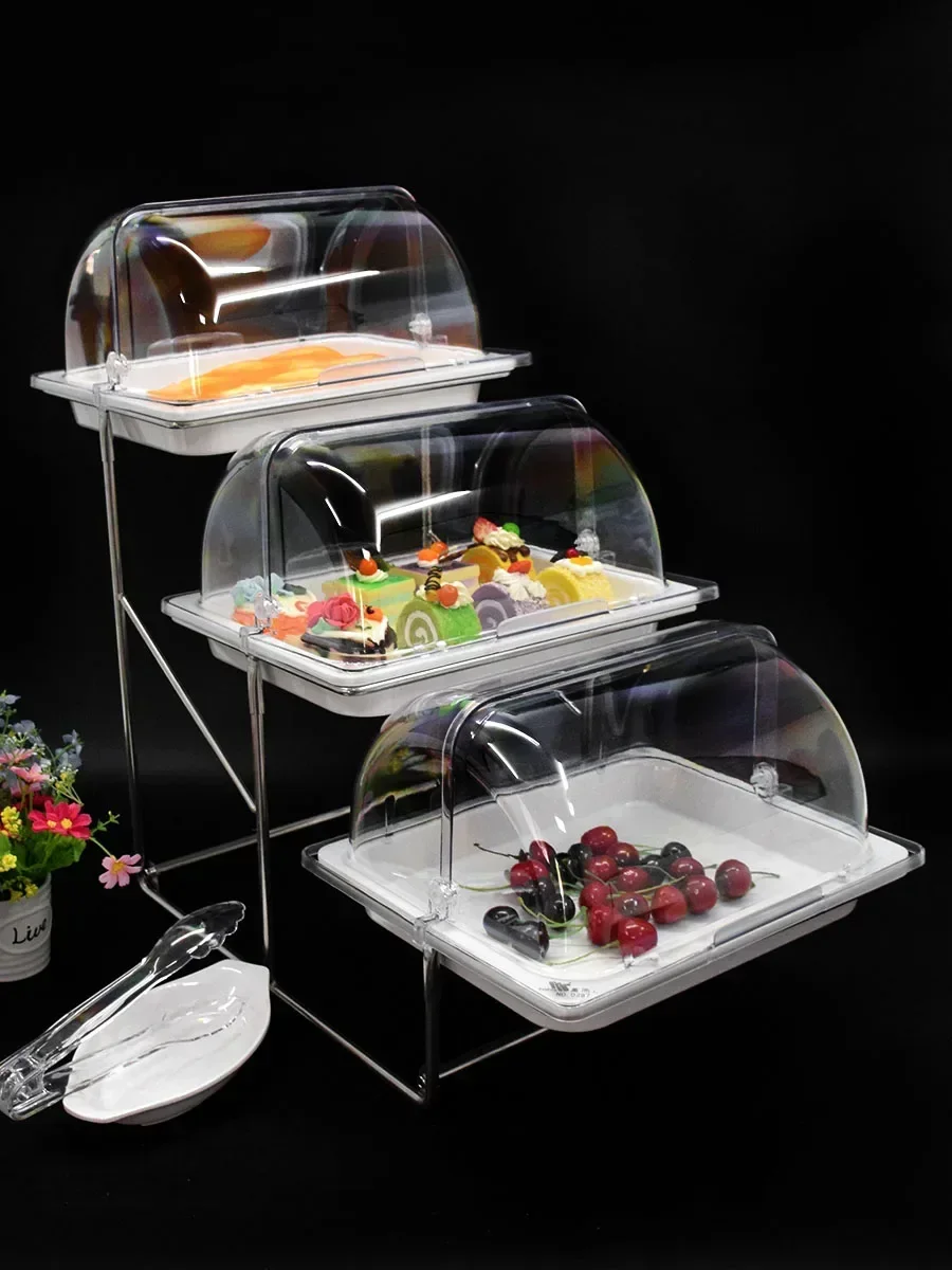 

Buffet food display rack with three tiers of pastries, cakes, fruit trays, desserts, pastry racks with flip lids, multi-layer Eu