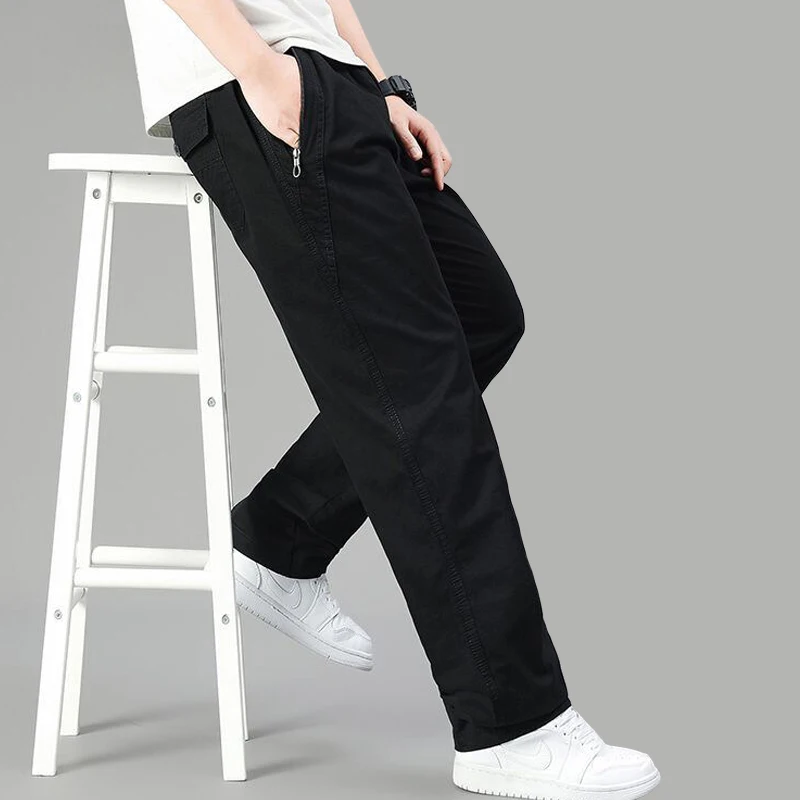 Mens Cotton Pants Spring Summer Sports Casual Pants Cargo Trousers Loose Fit with Zipper Pockets Big Size 5XL