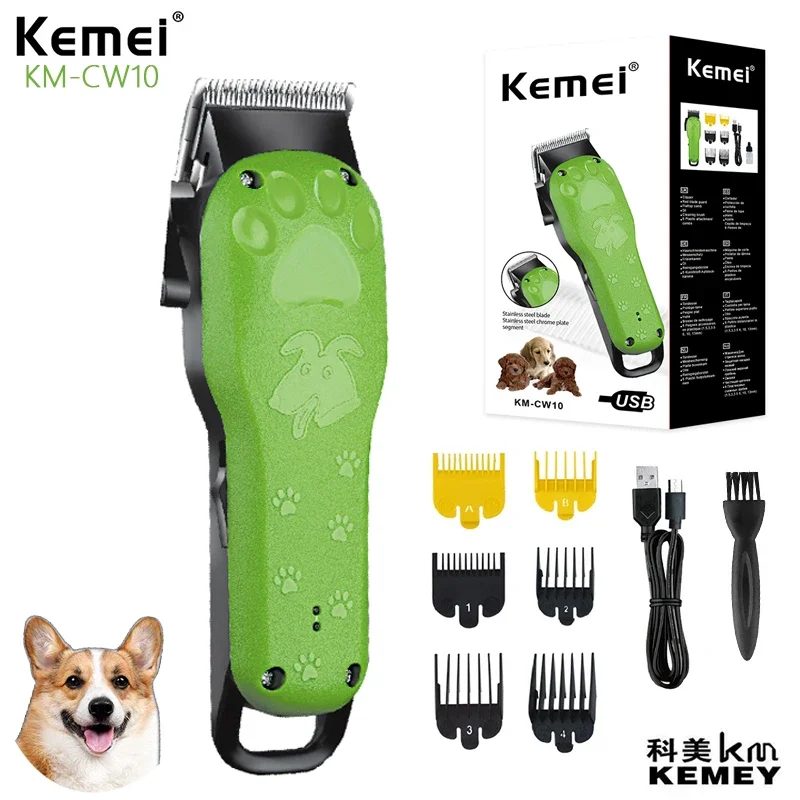 Kemei-km-cw10 pet cabelo clipper, carregamento USB, desenhos animados, verde, grooming, cão, profissional