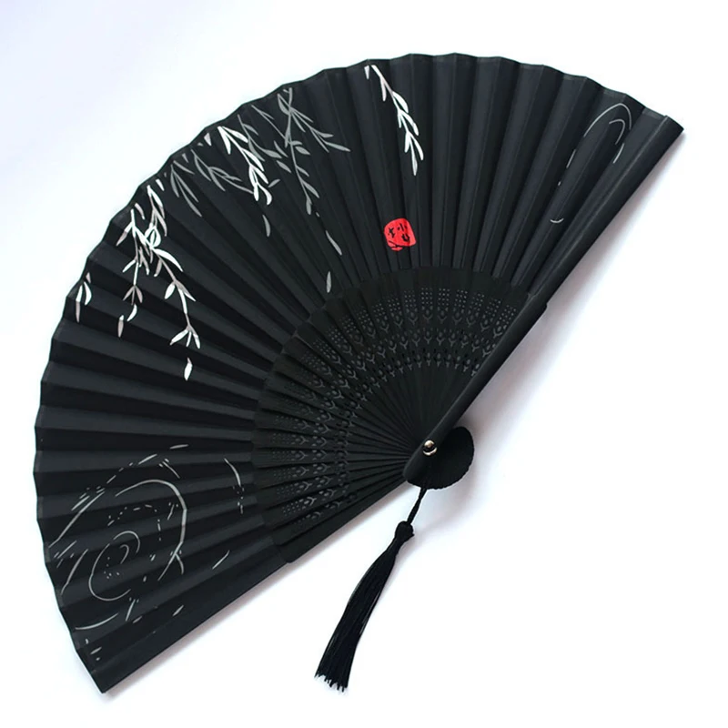 Vintage Chinese Style Folding Fan  hand fan Wooden Shank Classical Dance Fan with Tassel Elegent Female Fan Home Decor