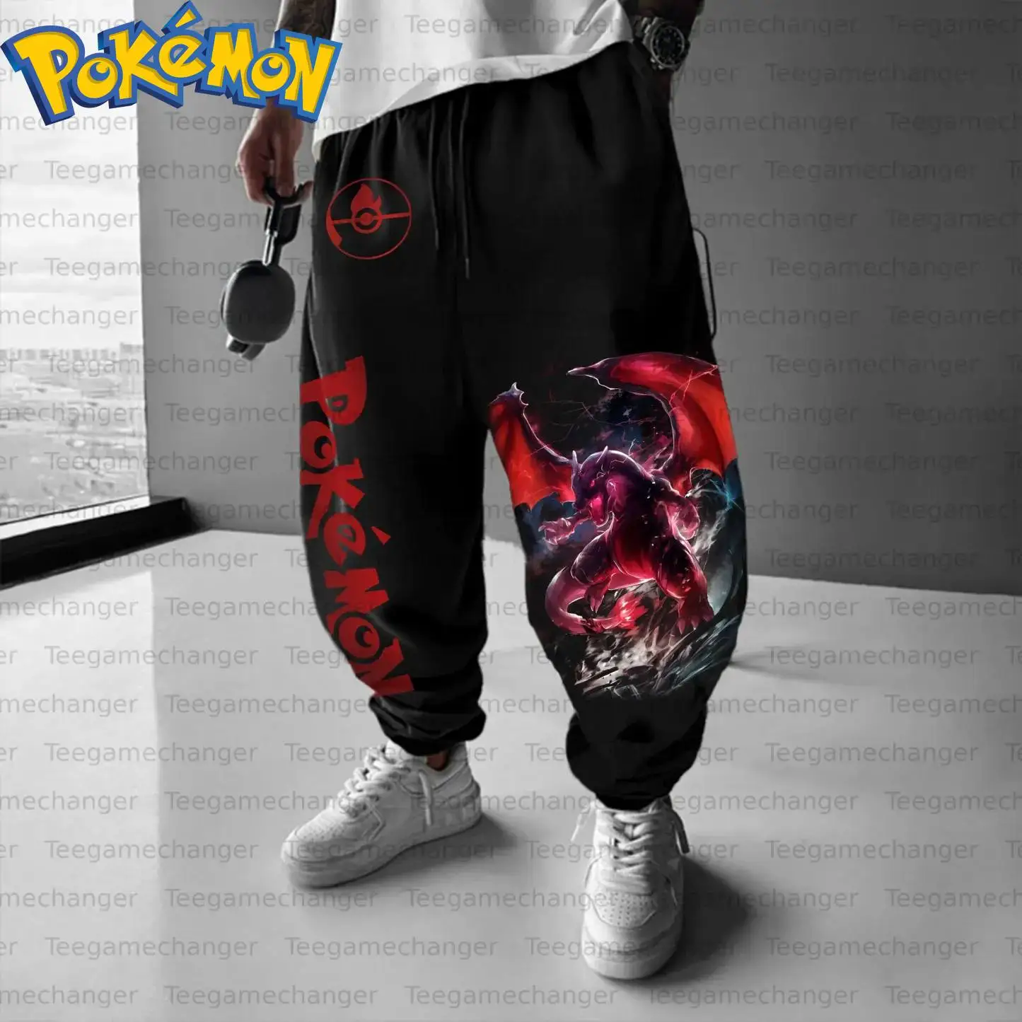 Pokemon Anime Ho-Oh Baumwoll-Hoodie, Harajuku-Hosen-Set, schwarzer Charakterdruck mit roten Flügeln, lila Körperflamme, Aura-Muster