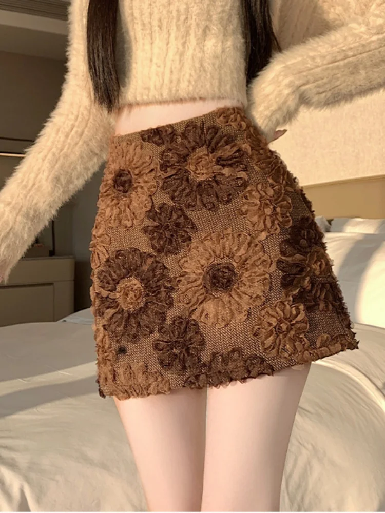 Faldas elegantes Vintage para mujer, ropa de cintura alta, faldas acampanadas, novedad de Otoño Invierno 2021, Falda corta de flores 3D, ropa de calle