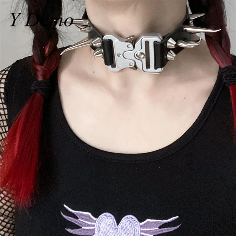 Y Demo Punk Irregular Rivets Buckle Pu Choker Casual Alloy Screw Adjustable Necklace Rock Techwear