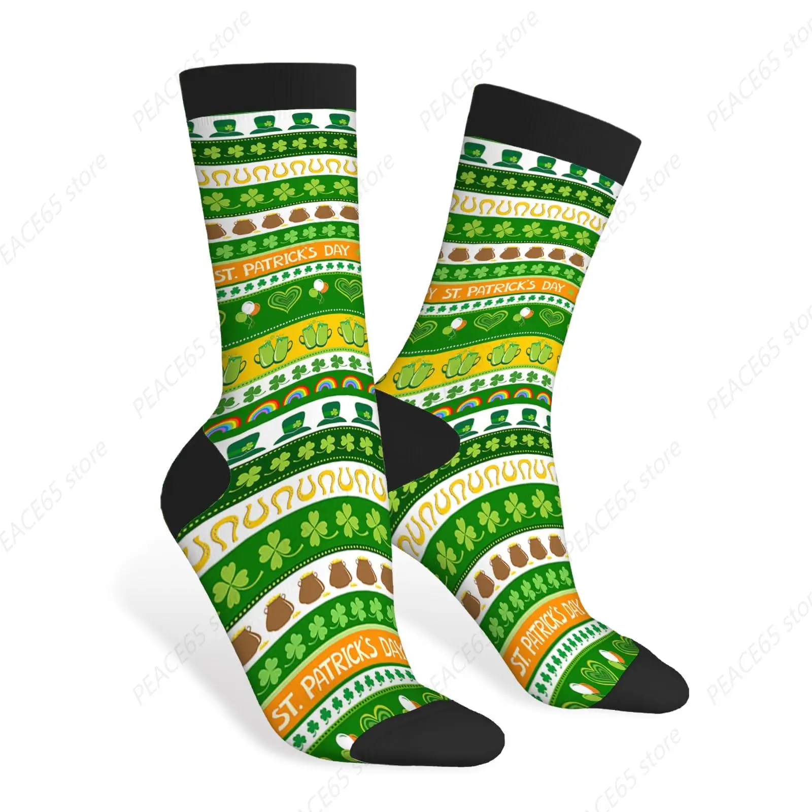 

St. Patrick's Day Funny Socks Shamrock Stripes Rainbow Lucky Holiday Novelty Casual Crew Socks Contrast Color Design